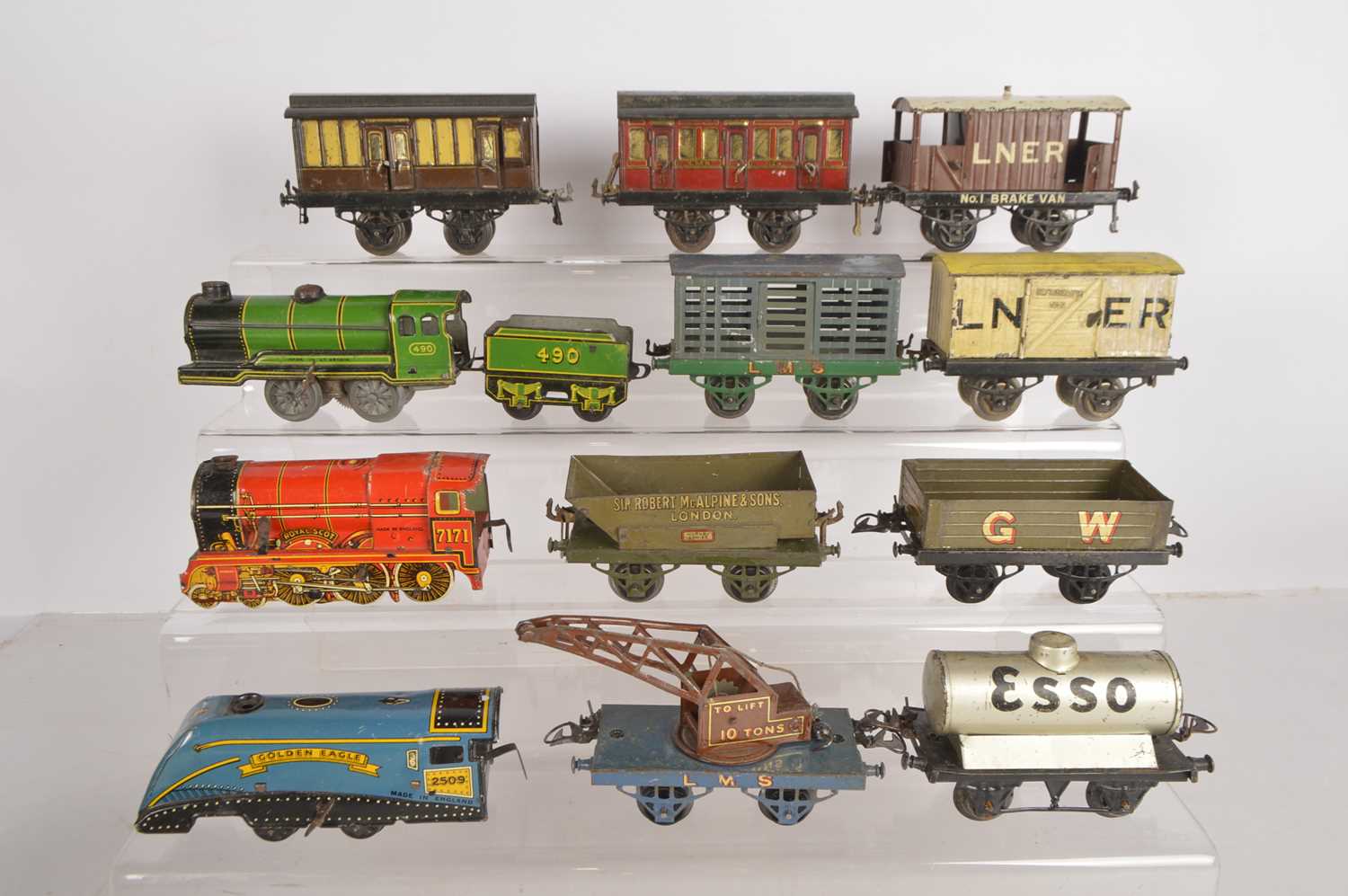 Hornby and other makers 0 Gauge clockwork Locomotives and Passenger and Goods Rolling Stock,