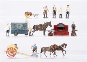 Blacksmiths and milkmen by various makers including Britains and Moultoy comprising Charbens diecast