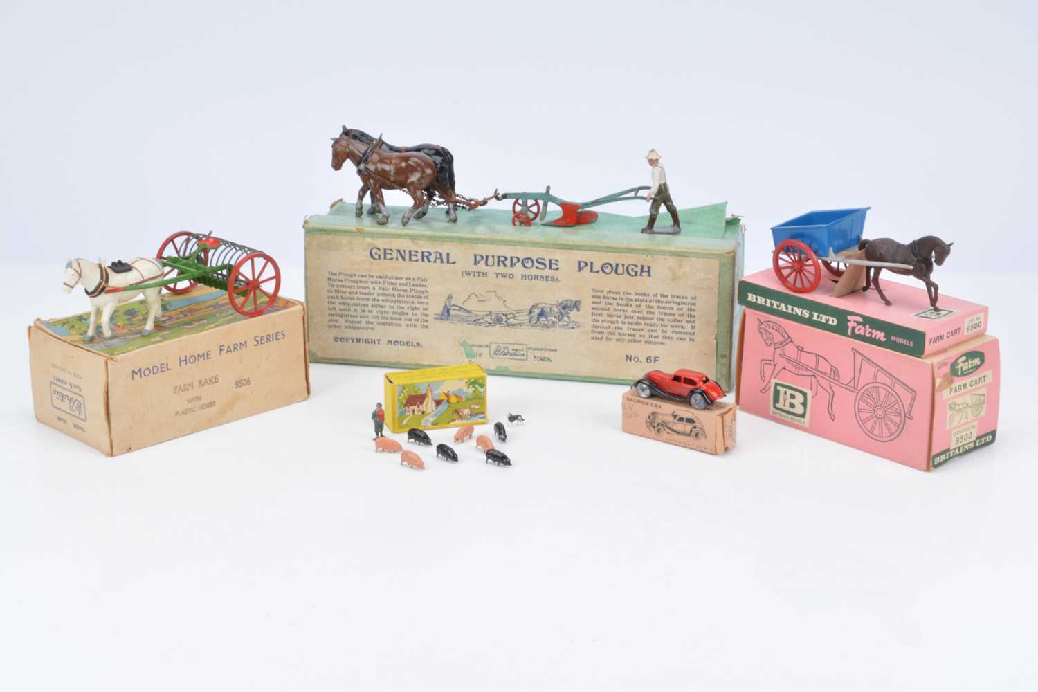 Britains boxed farm vehicles comprising 6F General Purpose Plough (non-original chains attached inst