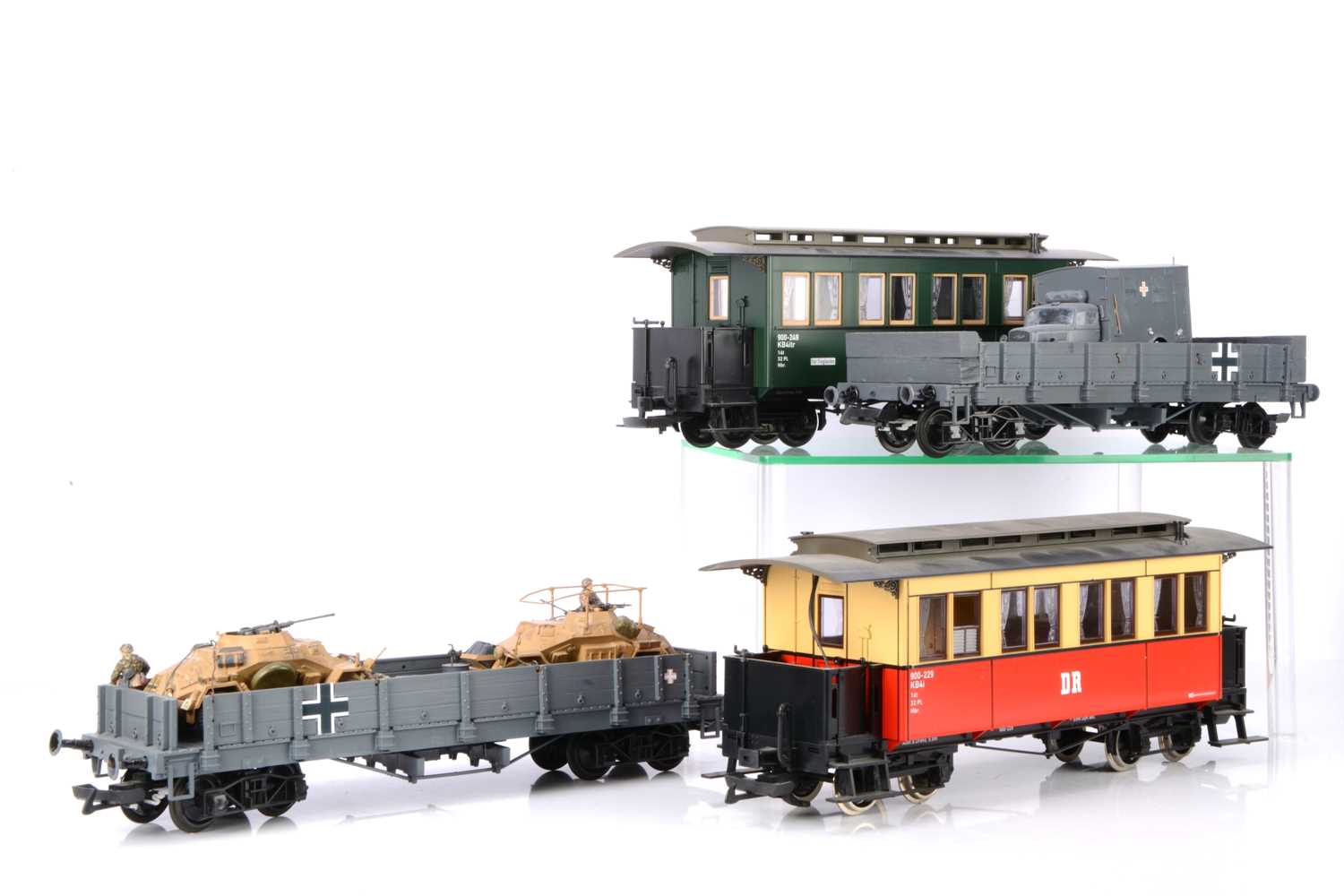 Two G scale (gauge 1) German DR bogie Coaches by LGB and two Military Wagons (4),