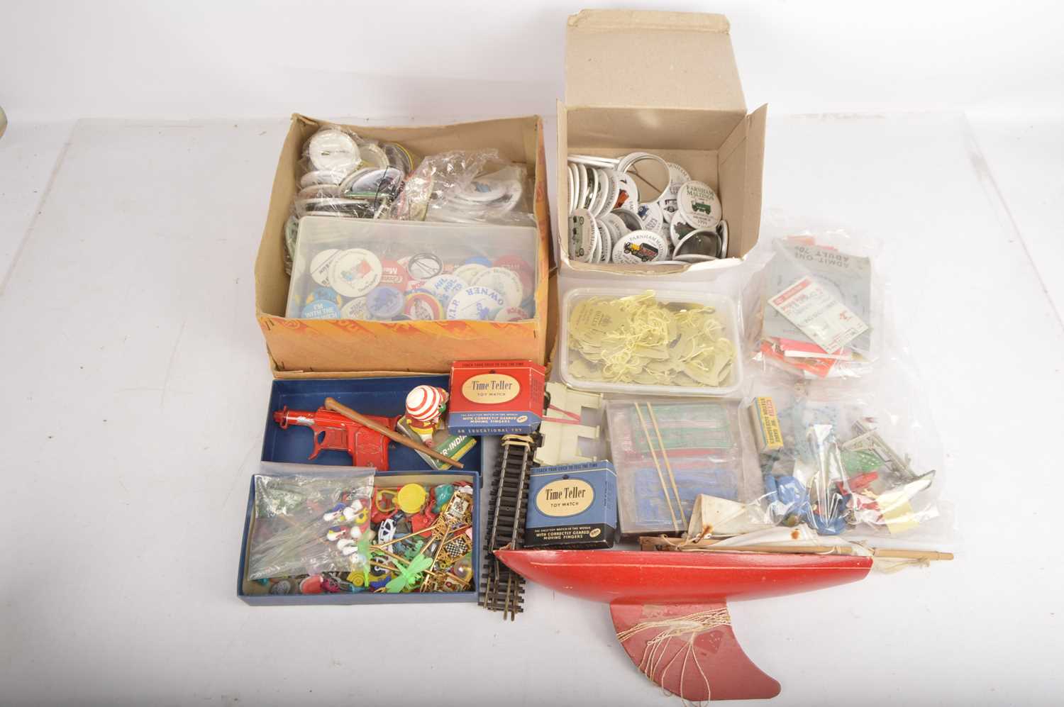 Collection of 130+ Badges some Cereal Premium Toys and various other Toys,