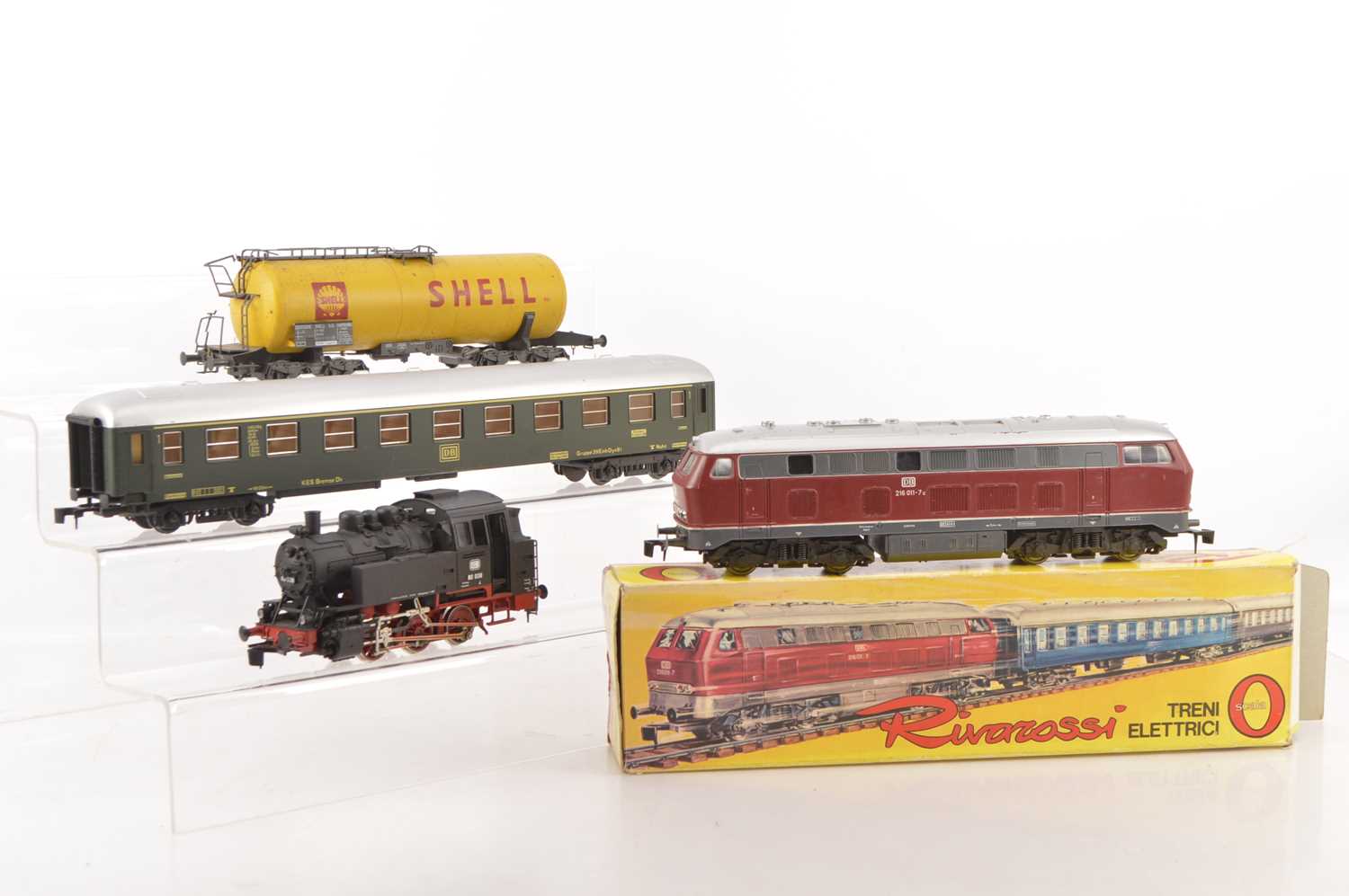 Rivarossi 0 Gauge DB Diesel and Steam Locomotives Coach and Tank wagon,