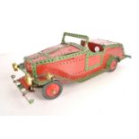 A large scale 2-Seater Roadster made from red and green Meccano,