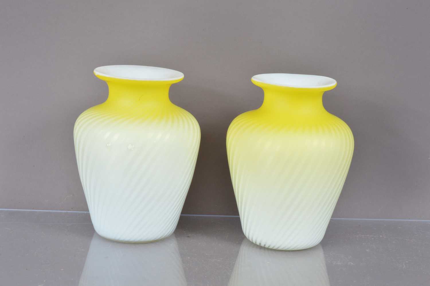 A pair of Victorian canary yellow and white satin glass "Pompeian Swirl" air trap vases, - Image 2 of 6