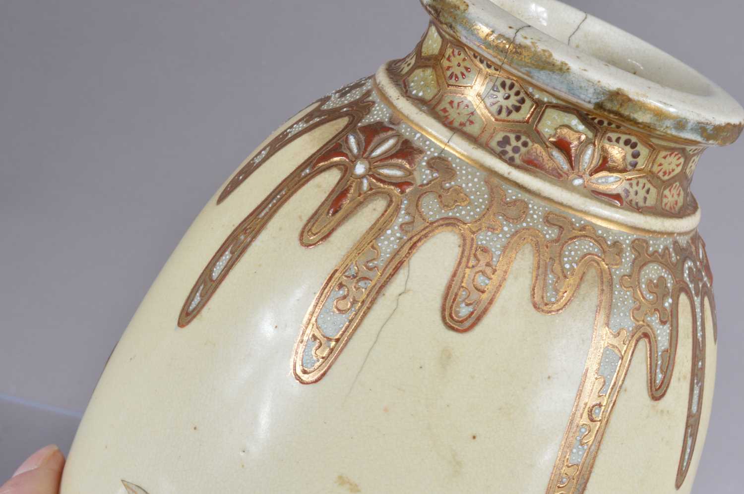 A pair of art nouveau style Japanese Meiji period Satsuma earthenware vases, - Image 6 of 6