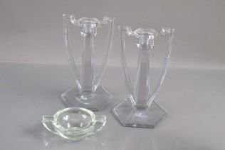A pair of trophy shaped Davidson 'Chippendale' Art Deco style crystal candlesticks,