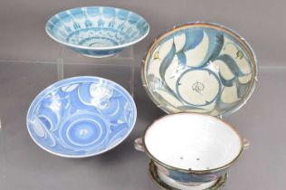 Three Aldermaston Pottery bowls and a colander and plate by the same pottery