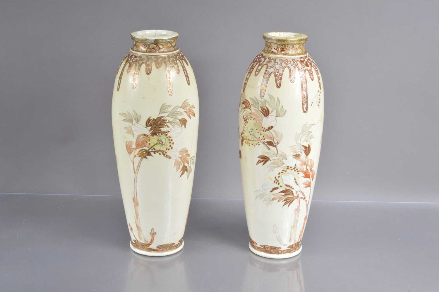 A pair of art nouveau style Japanese Meiji period Satsuma earthenware vases, - Image 2 of 6