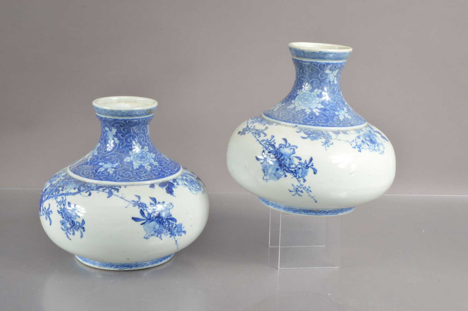 A pair of 19th Century Japanese blue and white Seto or Arita squat-shaped vases, - Image 2 of 4
