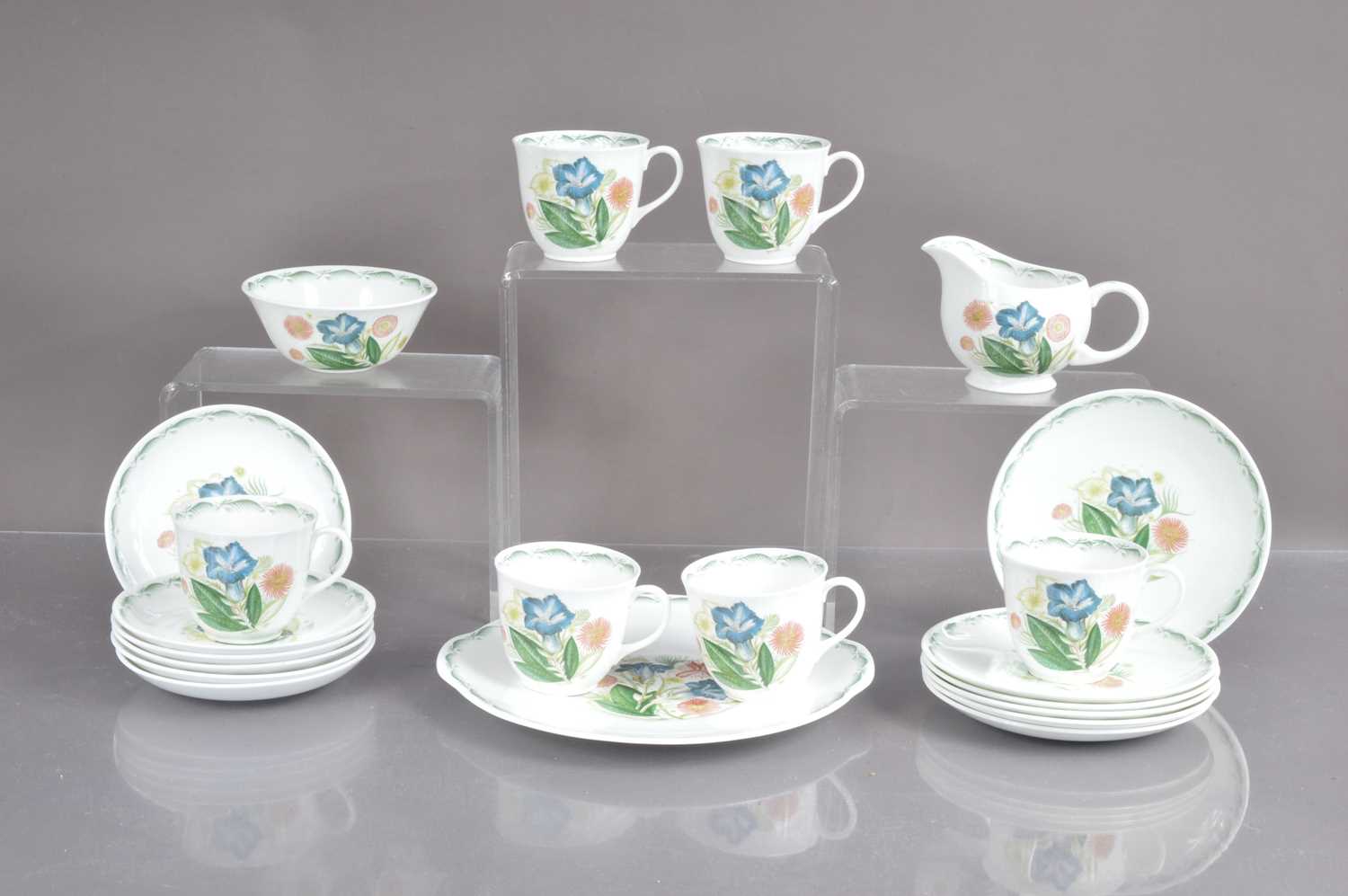 A Susie Cooper bone china teaset in "Blue Gentian" pattern, The set ...