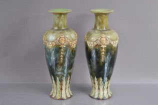 A pair of Royal Doulton Lambethware green glazed Art Nouveau stoneware vases circa 1900,