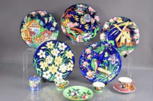 A scarce set of five Maling art pottery plates with raised relief designs,