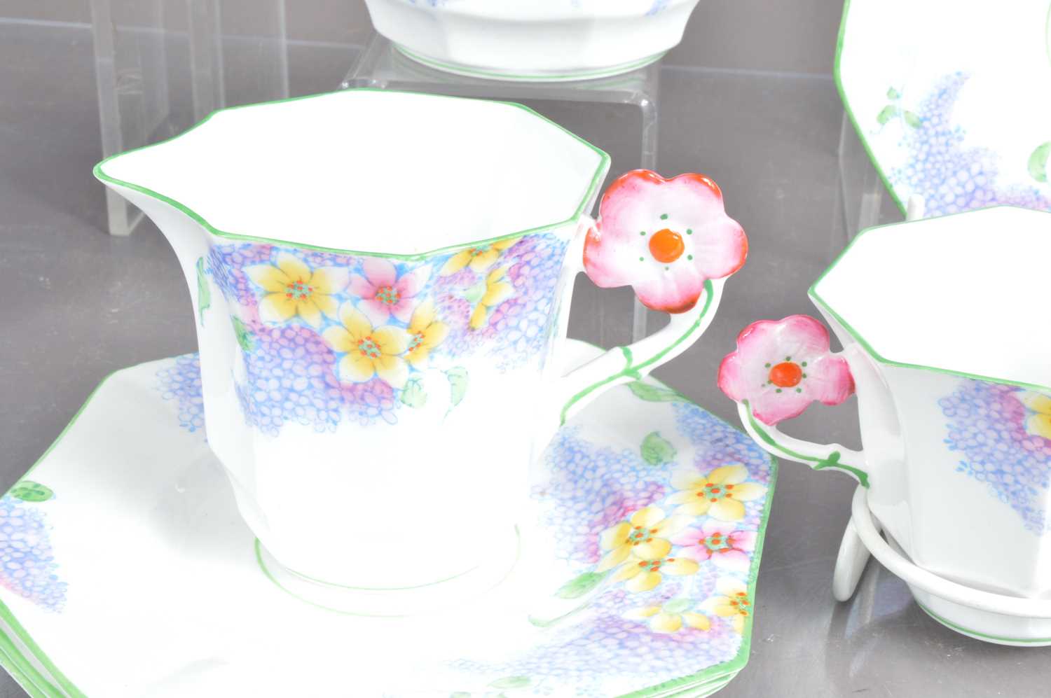 A very pretty Art Deco bone china teaset "Lilac Time" pattern by 'Melba Bone China' - Image 3 of 5