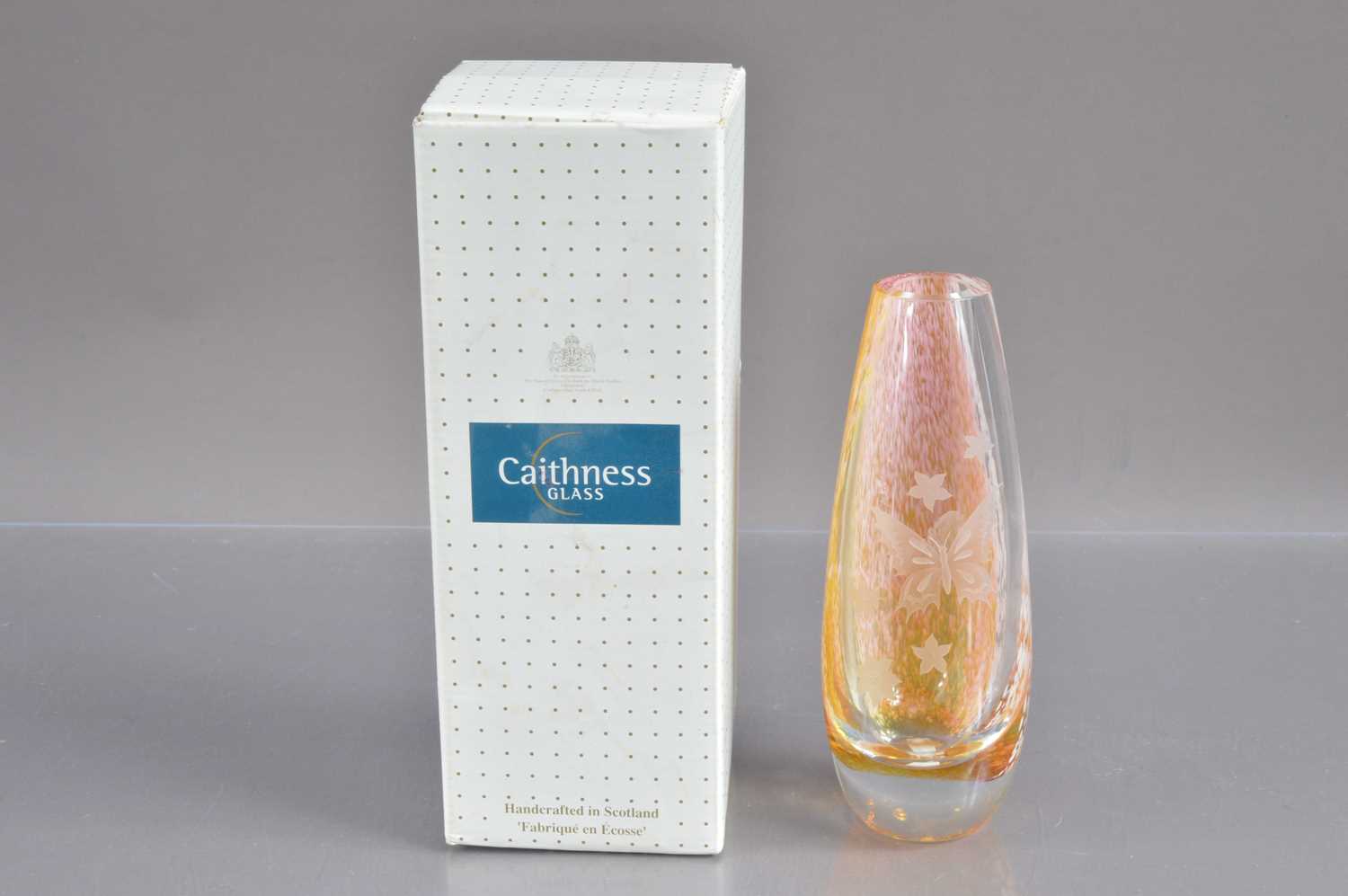 A Caithness Scottish glass vase engraved with butterflies,