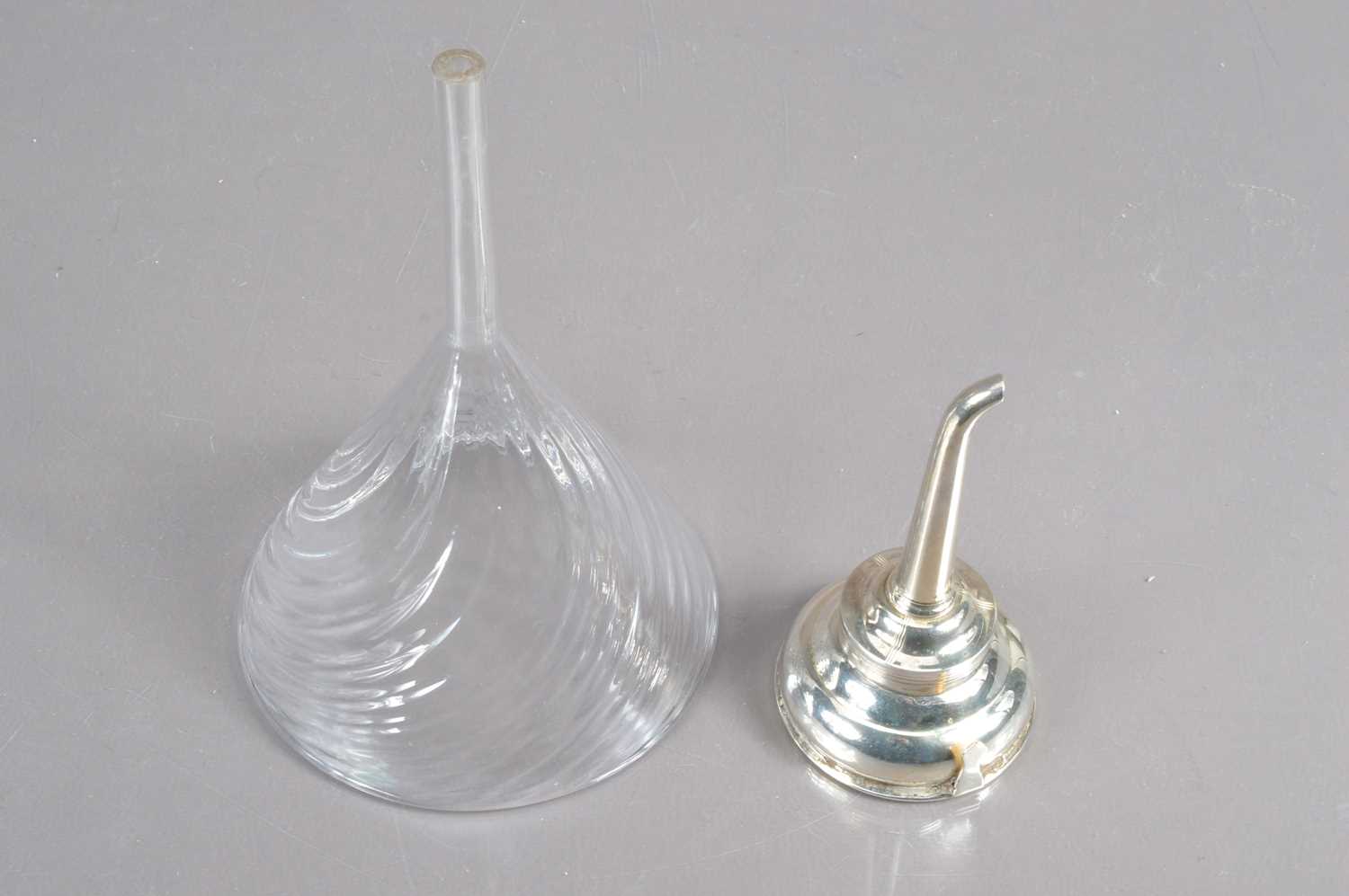 A 19th Century silver plate wine funnel and a larger writhen glass example, - Image 2 of 3