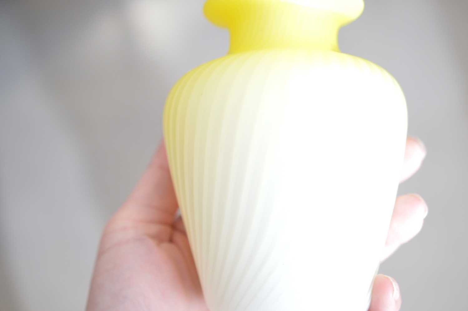 A pair of Victorian canary yellow and white satin glass "Pompeian Swirl" air trap vases, - Image 3 of 6