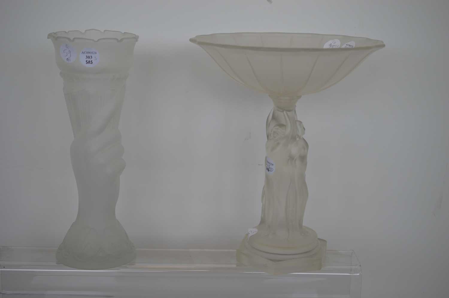 An Art Deco style frosted glass compote or tazza together with a frosted glass vase,