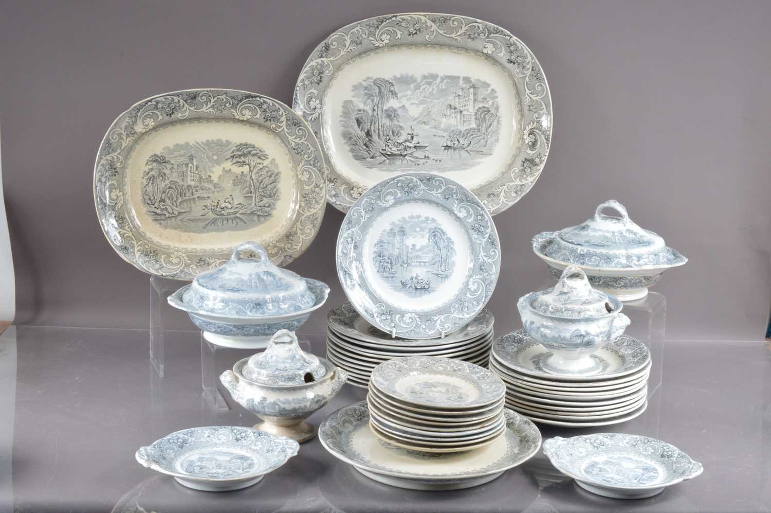 A 19th Century Antique Victorian Staffordshire transfer ware earthenware pottery dinner service in