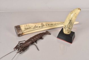 Two Scrimshaw style resin items,