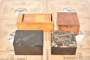 Two papier-mache gramophone needle boxes,