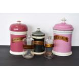 Three ceramic Pharmaceutical lidded containers,