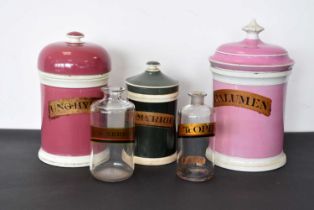 Three ceramic Pharmaceutical lidded containers,