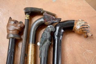 A group of five Animal Head topped walking canes,
