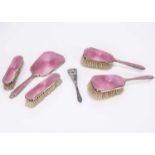 A part Art Deco period silver and pink enamelled dressing table set,