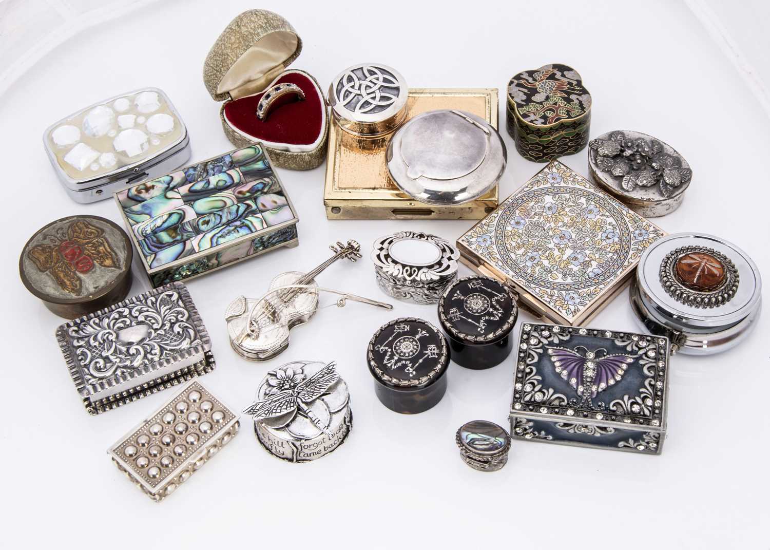 A collection of silver and other small boxes and other items,