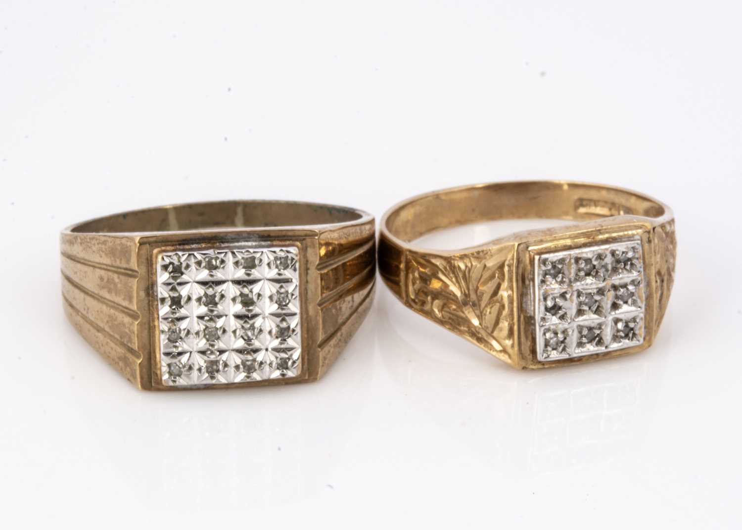 Two 9ct gold diamond tablet signet rings,