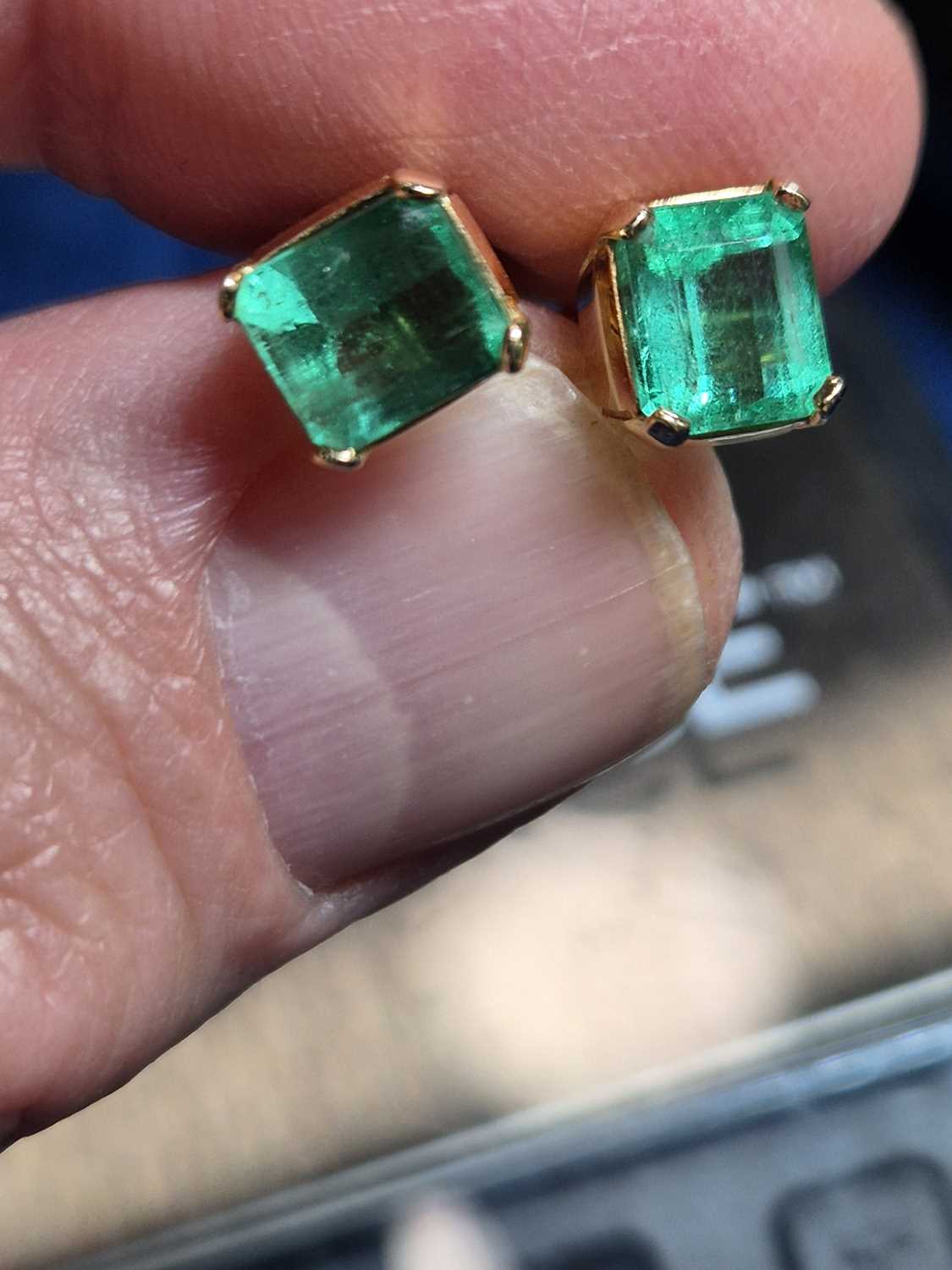 A pair of continental yellow metal emerald ear studs, - Image 2 of 3