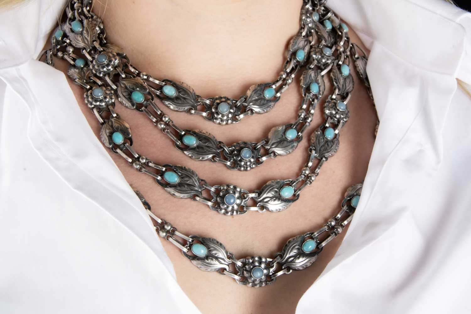 An early Georg Jensen silver aventurine quartz and chalcedony four multi strand necklace no.1, - Image 3 of 3