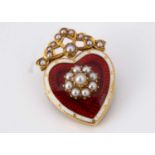 A late 19th or early 20th Century 18ct gold heart enamel and seed pearl brooch,