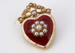 A late 19th or early 20th Century 18ct gold heart enamel and seed pearl brooch,