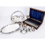 A cased Victorian silver plated and mother of pearl handled dessert knives and forks and other silve
