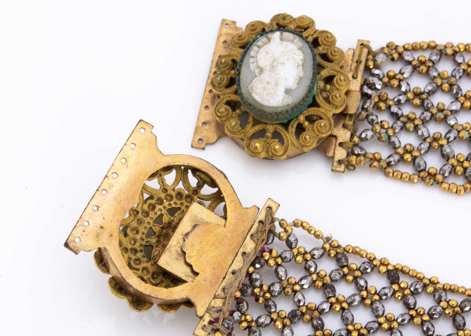 A pair of 19th century pinchbeck and cameo glass bracelets, - Image 2 of 2