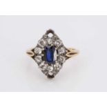 A late 19th early 20th century navette shaped sapphire and diamond dress ring,