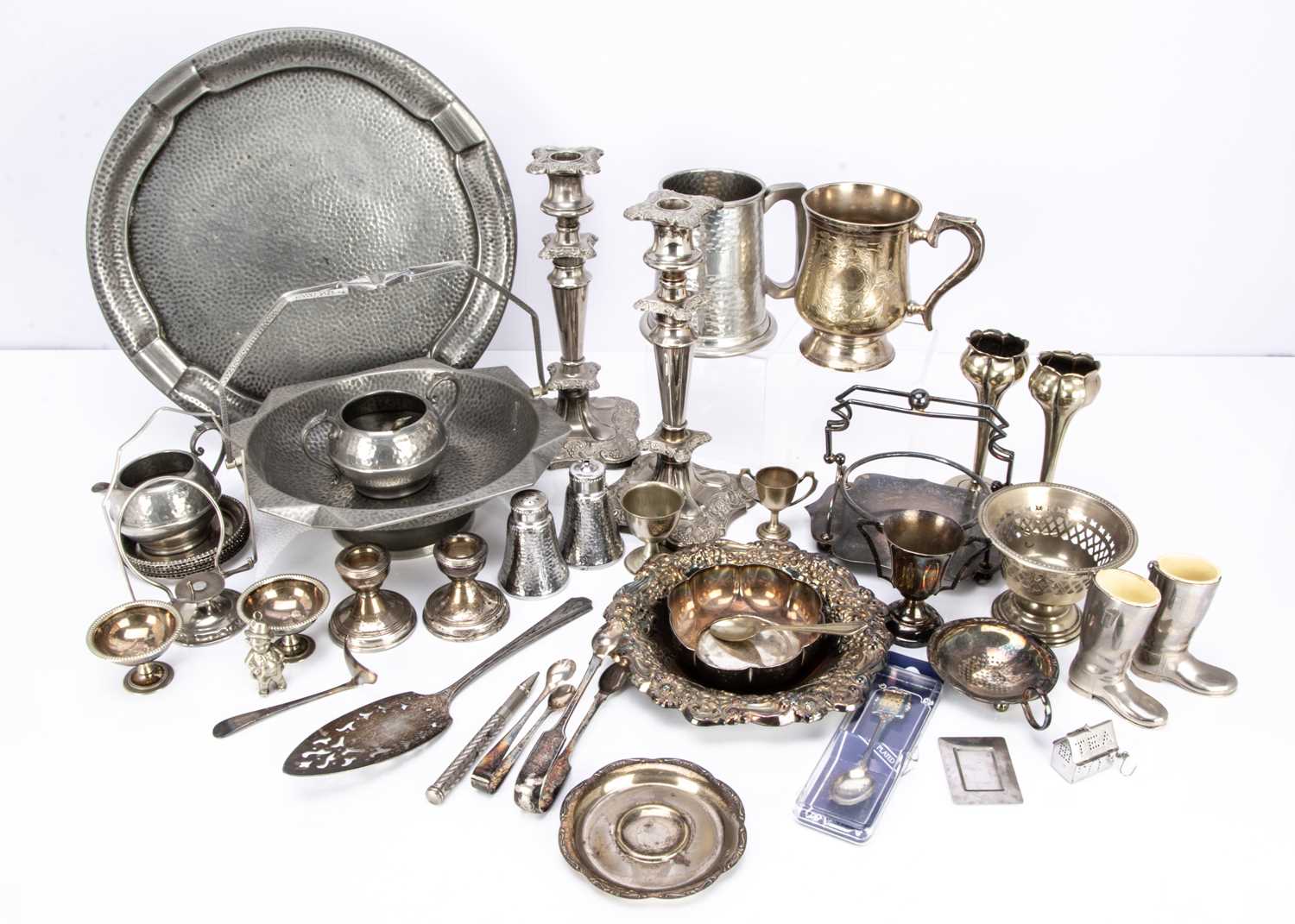 A box of silver plated items,