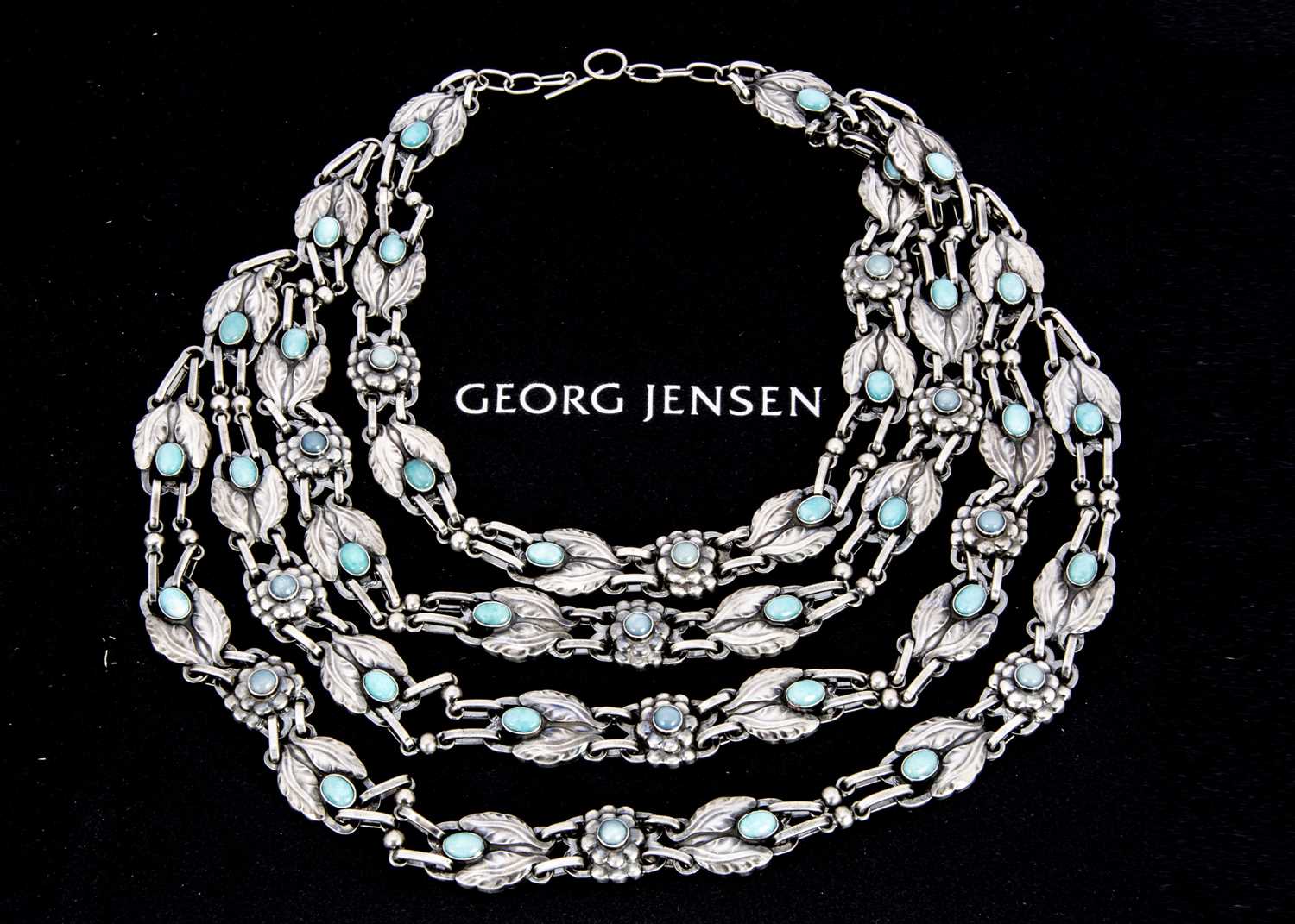 An early Georg Jensen silver aventurine quartz and chalcedony four multi strand necklace no.1,