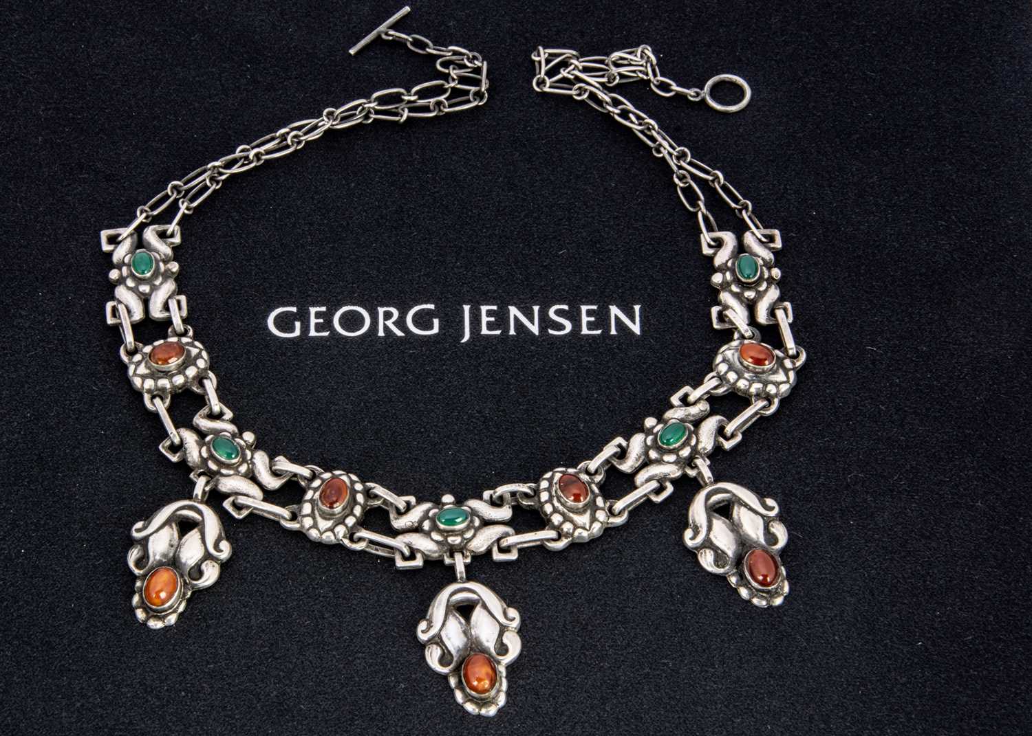 An early Georg Jensen silver amber and chrysoprase fringe necklace no.14,