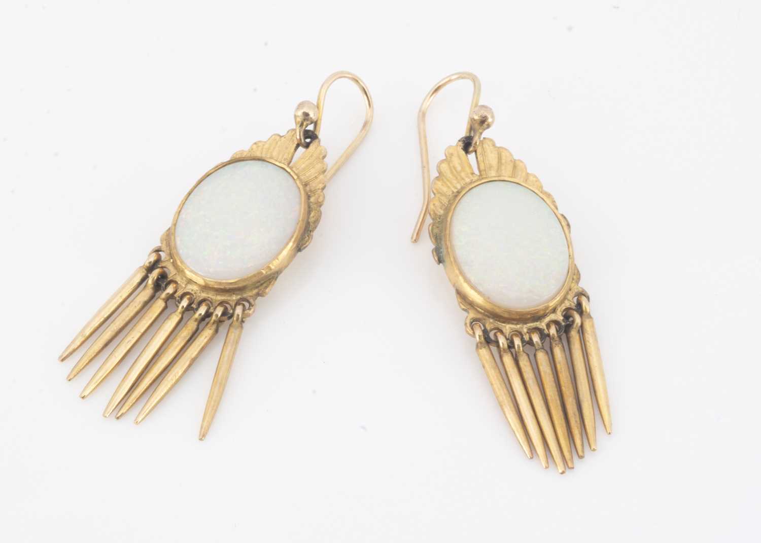 A pair of yellow metal and precious opal drop earrings,