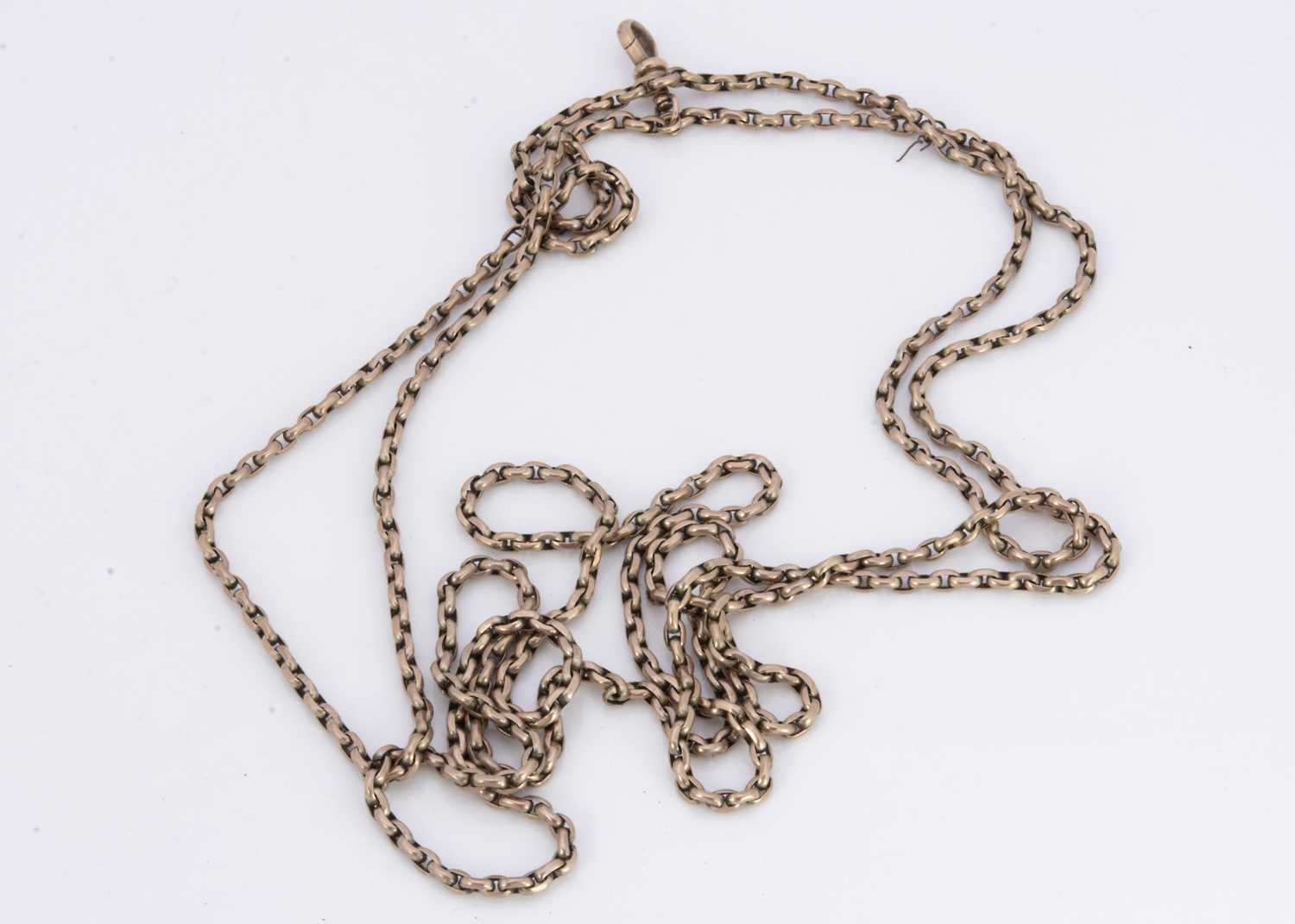 A late 19th century yellow metal guard chain,