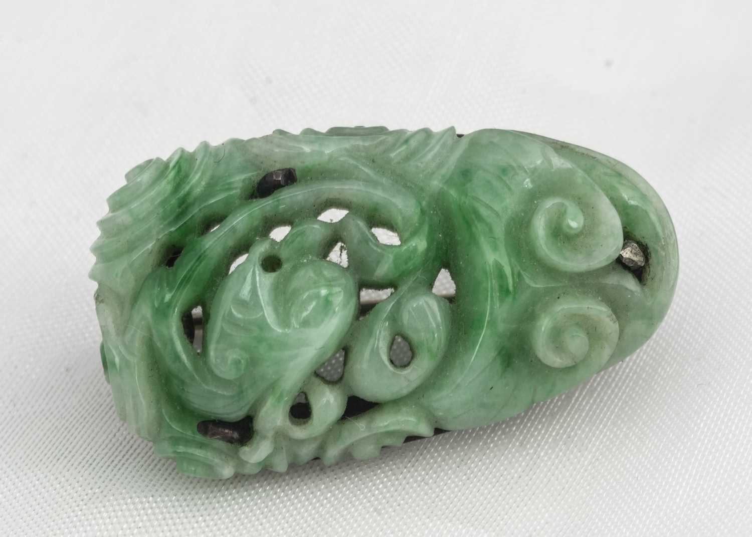 A certificated Chinese jadeite jade carved panel brooch,