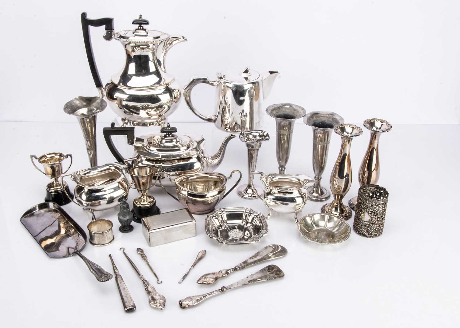 Two boxes of silver plated items and several small silver items,