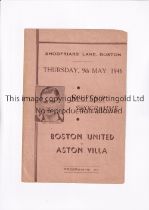 BOSTON UNITED V ASTON VILLA 1946 Programme for the match at Boston 9/5/1946, slight vertical crease.