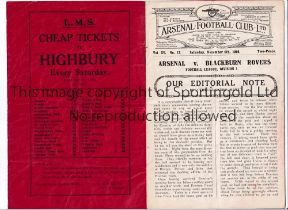 ARSENAL Programme for the home League match v Blackburn Rovers 6/11/1926, horizontal fold and