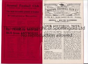 ARSENAL Programme for the home League match v Bolton Wanderers 28/9/1929, very slightly creased.