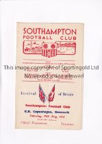 SOUTHAMPTON V K.B COPENHAGEN 1951 / FESTIVAL OF BRITAIN Programme for the match at Southampton 19/