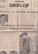 GLASGOW RANGERS Large four page issue programme for the match 9/3/1960 in Rotterdam v Sparta, folded