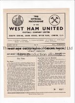 CHELSEA Programme for the away Football Combination match v West Ham United 29/3/1958. Good